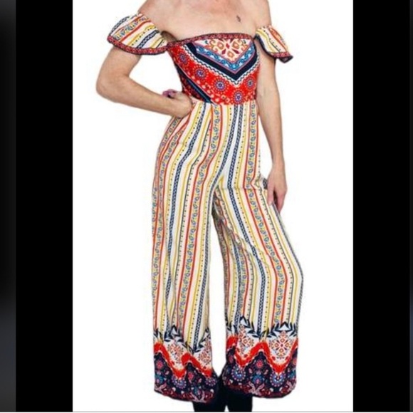 Flying Tomato Pants - Flying Tomato S Boho Printed Side Cutouts Off The Shoulder Wide Leg Jumpsuit NWT